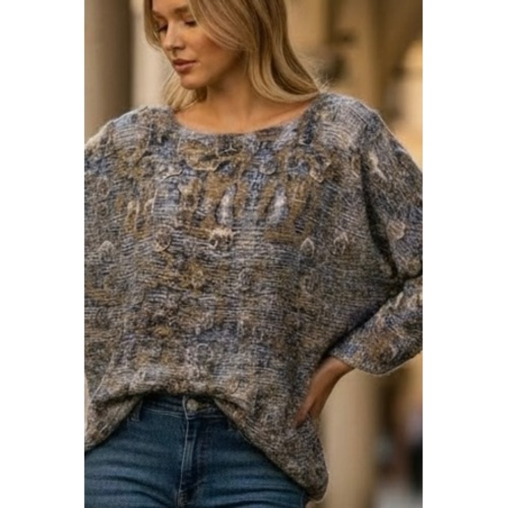 Alberto Makali Blue Gold Textured Dolman Sweater XL Womens Batwing 3D Wool